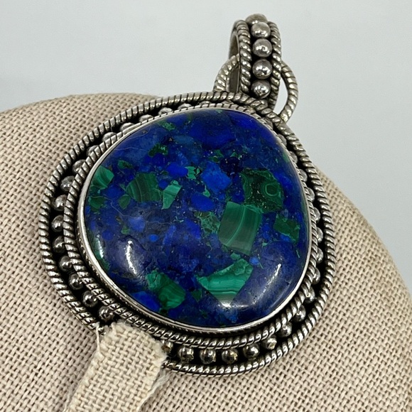 Vintage 925 Sterling Silver Azurite-Malachite Pendant - Picture 6 of 17